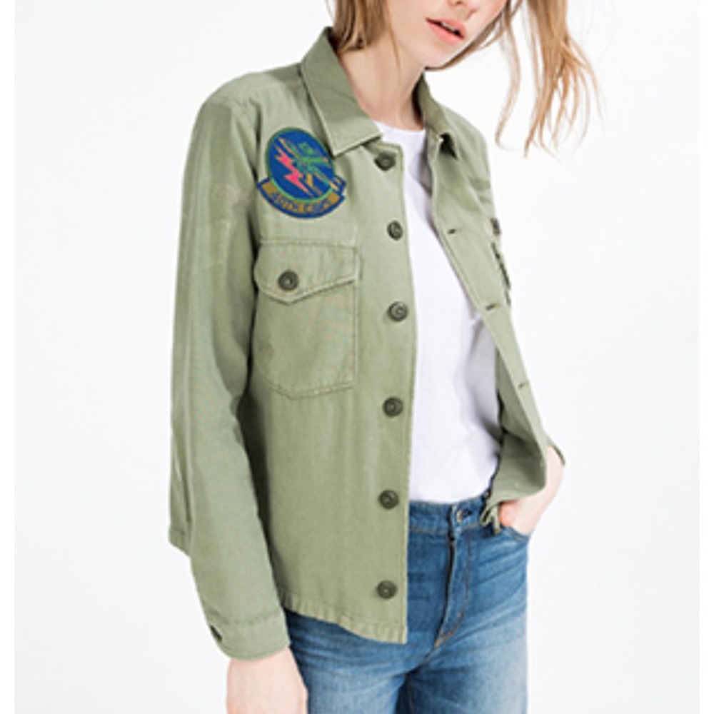 ZARA Green Cotton Button-Up Shirt ZW ARMY OVERSHIRT Military Patches Jacket SZ S